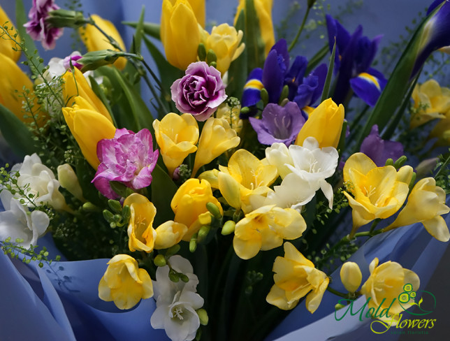 Весенний букет с тюльпанами, фрезией и ирисами Фото
